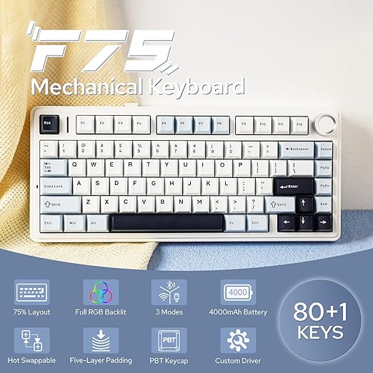 TECLADO AULA F75 | INALAMBRICO | INGLES | MECANICO | SW-GREEN | RGB | BLANCO-CELESTE-NEGRO