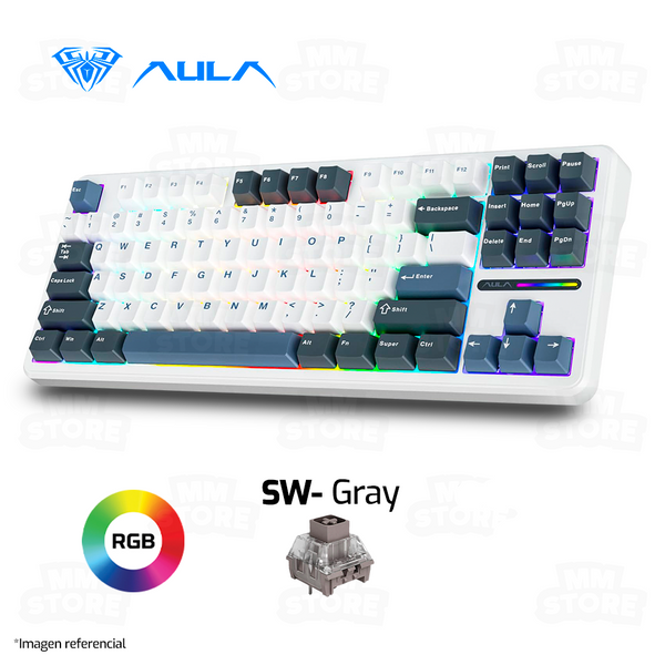 TECLADO AULA F87 | INGLES | INALAMBRICO | MECANICO | SW-GRAY | RGB | NEGRO-BLANCO-AZUL