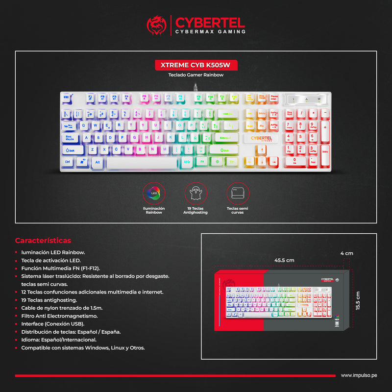 TECLADO CYBERTEL XTREME CYB K505W | MEMBRANA | RAINBOW | BLANCO