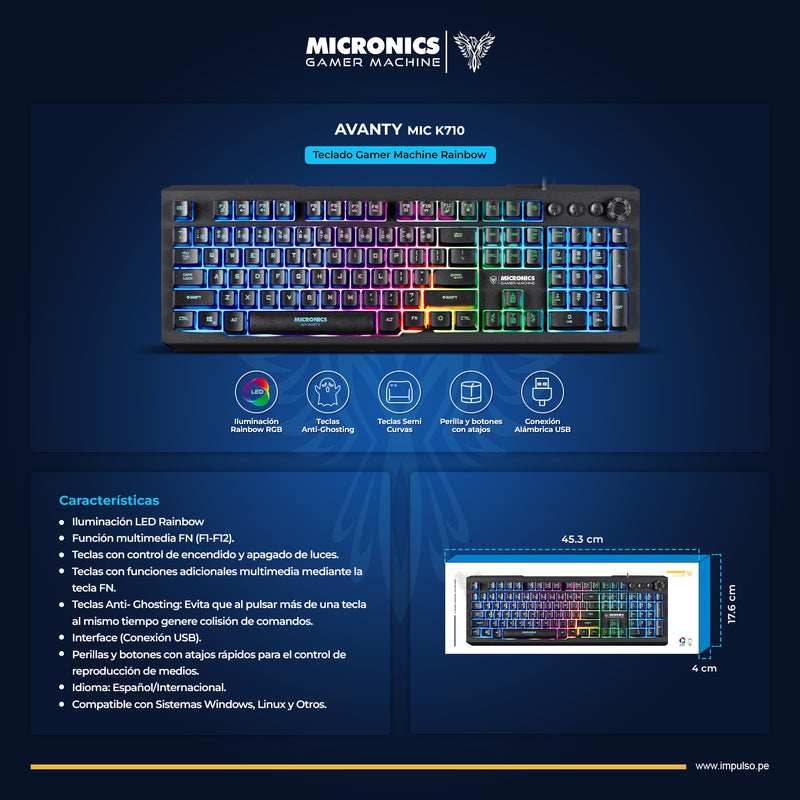 TECLADO MICRONICS AVANTY MIC K710 | MEMBRANA | RAINBOW | NEGRO