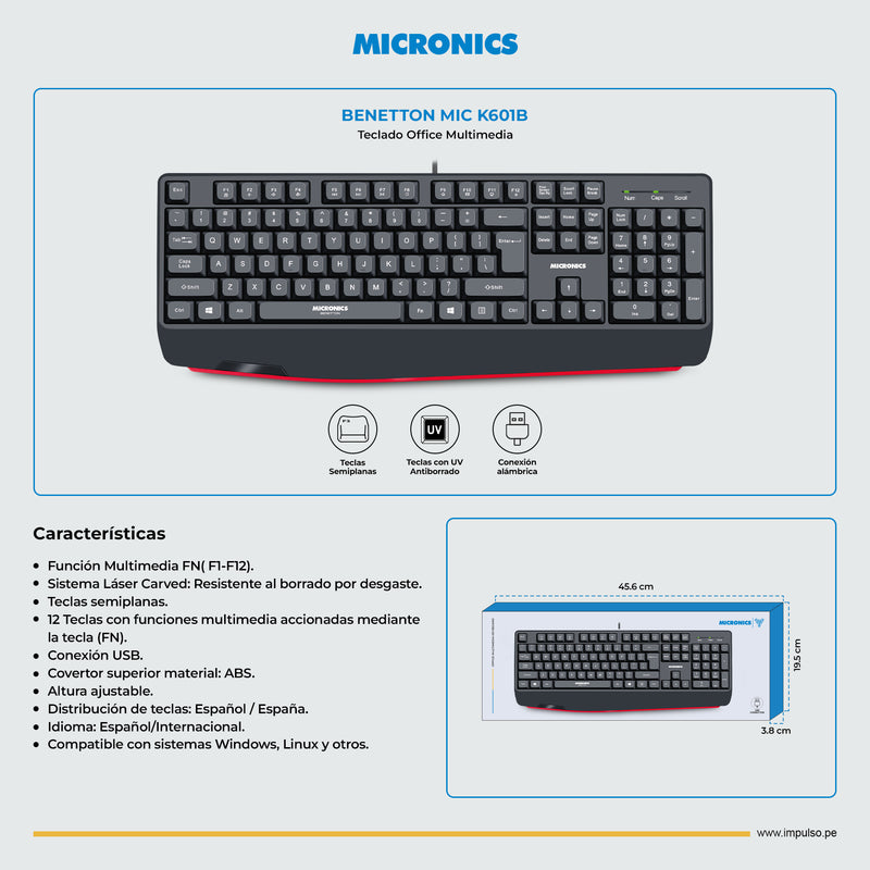 TECLADO MICRONICS BENETTON MIC K601B | MEMBRANA | NEGRO