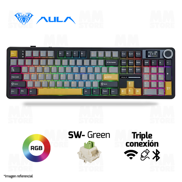 TECLADO AULA F108 PRO | INGLES | INALAMBRICO | MECANICO | SW-GREEN | RGB | NEGRO - GRIS - AMARILLO