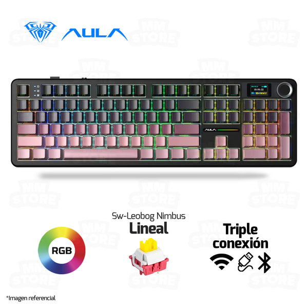 TECLADO AULA F108 PRO | INALAMBRICO | MECANICO | SW-YELLOW | RGB | ROSADO DEGRADADO