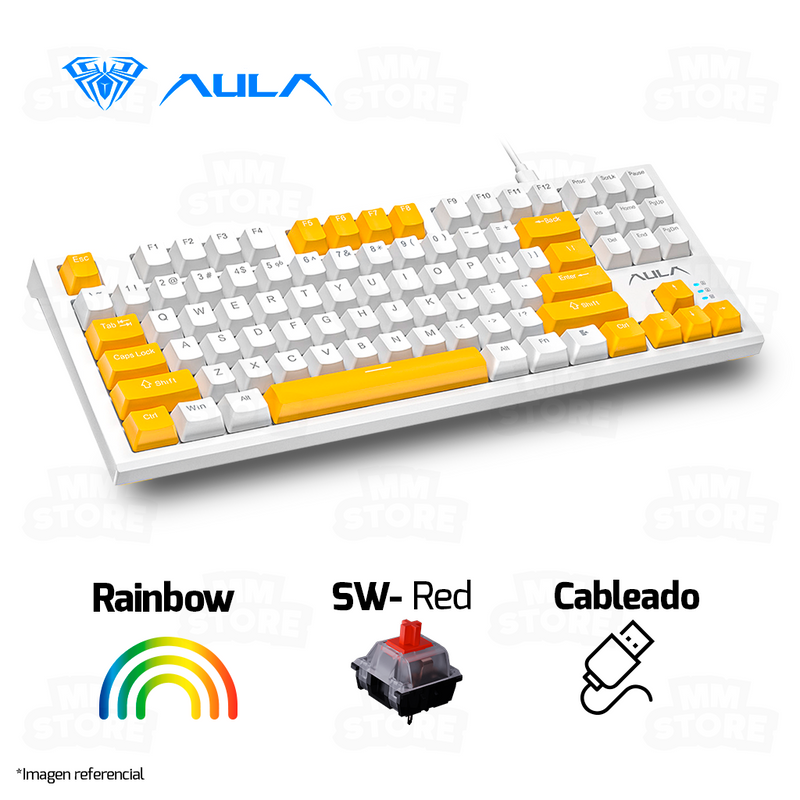 TECLADO AULA F3032 | INGLES | MECANICO | SW-RED | RAINBOW | BLANCO-AMARILLO