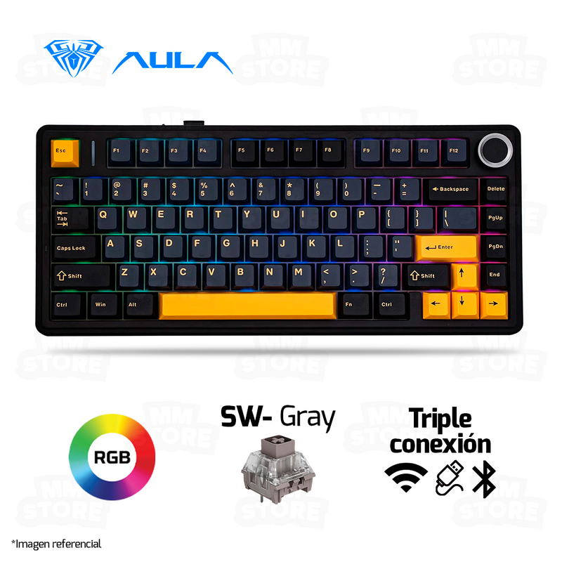 TECLADO AULA F75 | INALAMBRICO |  MECANICO | SW-GRAY | RGB | NEGRO-AMARILLO