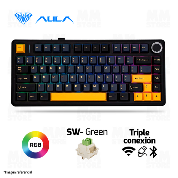 TECLADO AULA F75 | ESPAÑOL | INALAMBRICO | MECANICO | SW-GREEN | RGB | NEGRO-AMARILLO