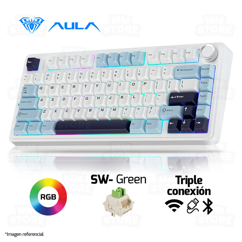 TECLADO AULA F75 | INALAMBRICO | INGLES | MECANICO | SW-GREEN | RGB | BLANCO-CELESTE-NEGRO