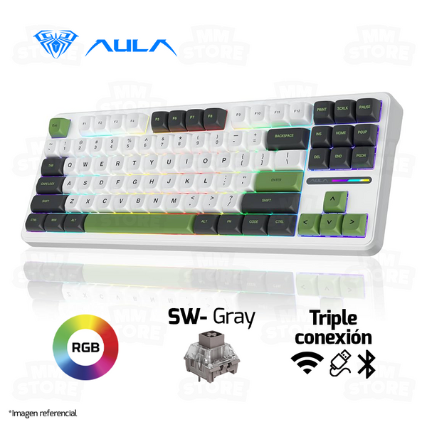 TECLADO AULA F87 | INGLES | INALAMBRICO | MECANICO | SW-GRAY | RGB | BLANCO-NEGRO-VERDE