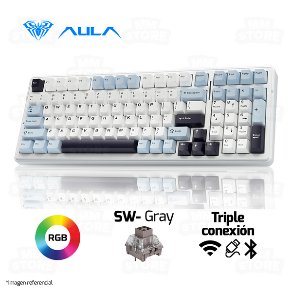 TECLADO AULA F99 | INALAMBRICO-BLUETOOTH | MECANICO | SW-GRAY | RGB | BLANCO-CELESTE-NEGRO