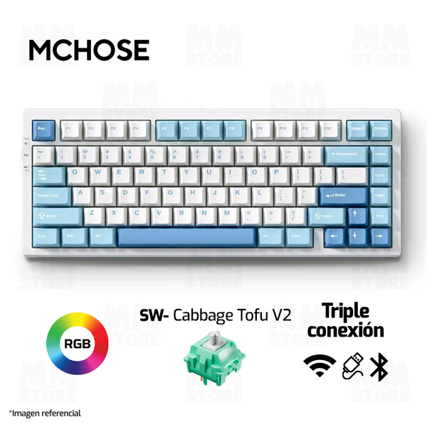 TECLADO MCHOSE G75| INALAMBRICO | MECANICO | SW CABBAGE TOFU V2 | RGB | BLANCO - CELESTE - AZUL