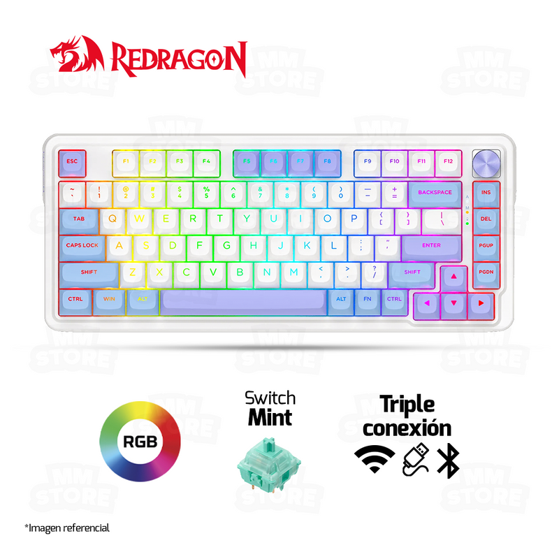 TECLADO REDRAGON UCALMAX K673WBP | INGLES | INALAMBRICO | SW-MINT | RGB | MORADO-BLANCO