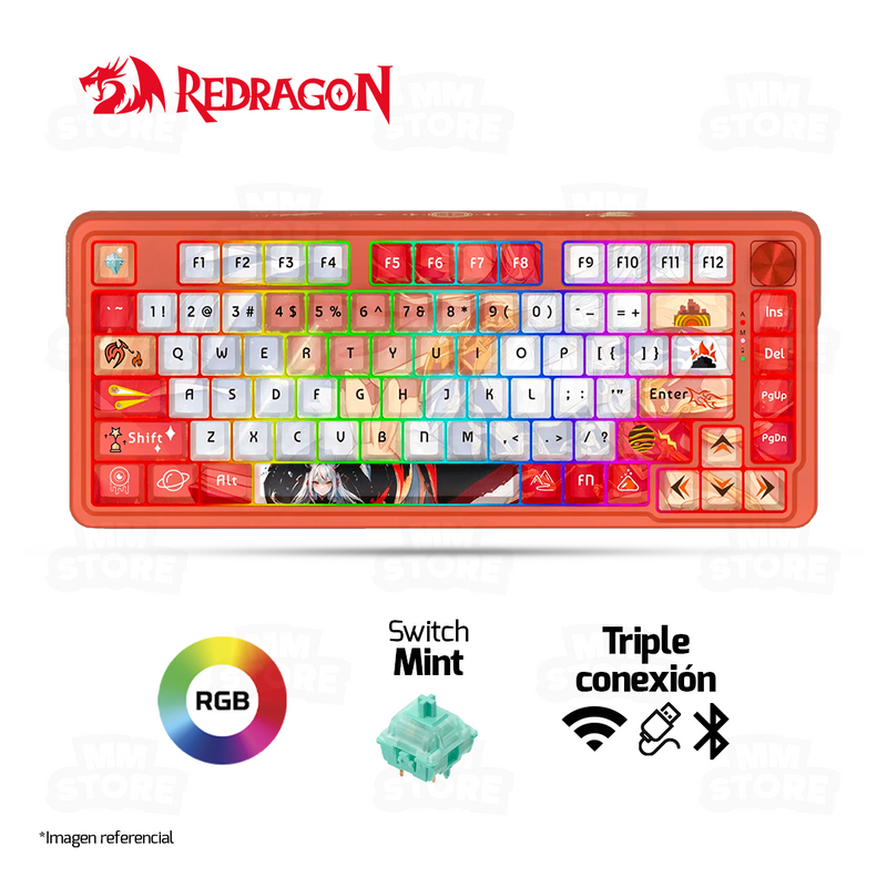 TECLADO REDRAGON UCAL PRO K673AK ANIME| INGLES | INALAMBRICO | SW-MINT | RGB | BLANCO-ROJO