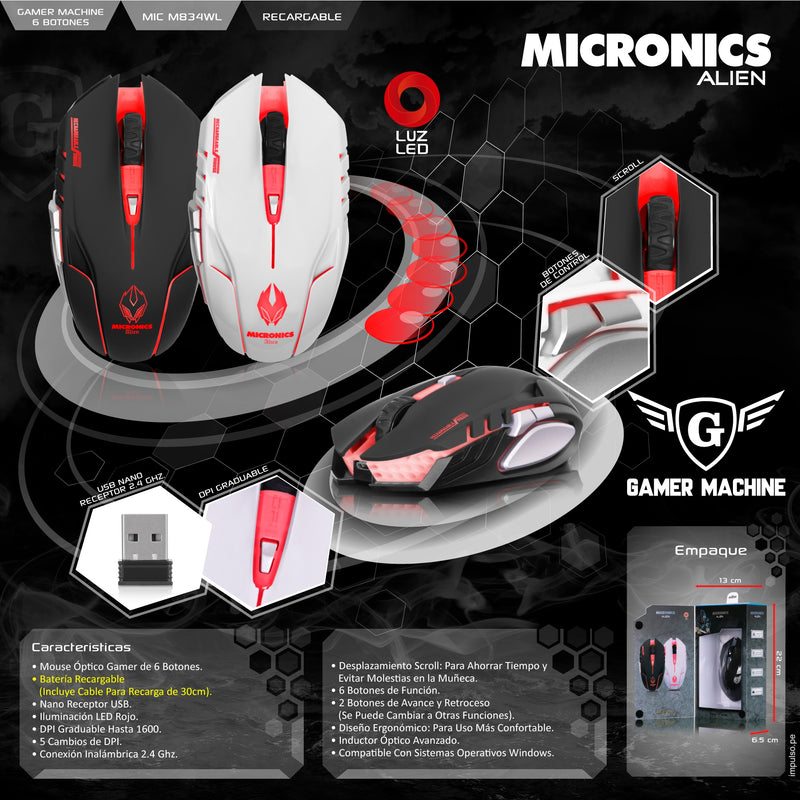 MOUSE MICRONICS ALIEN MIC M834WL | INALAMBRICO | 1,600 DPI | ROJO | BLANCO